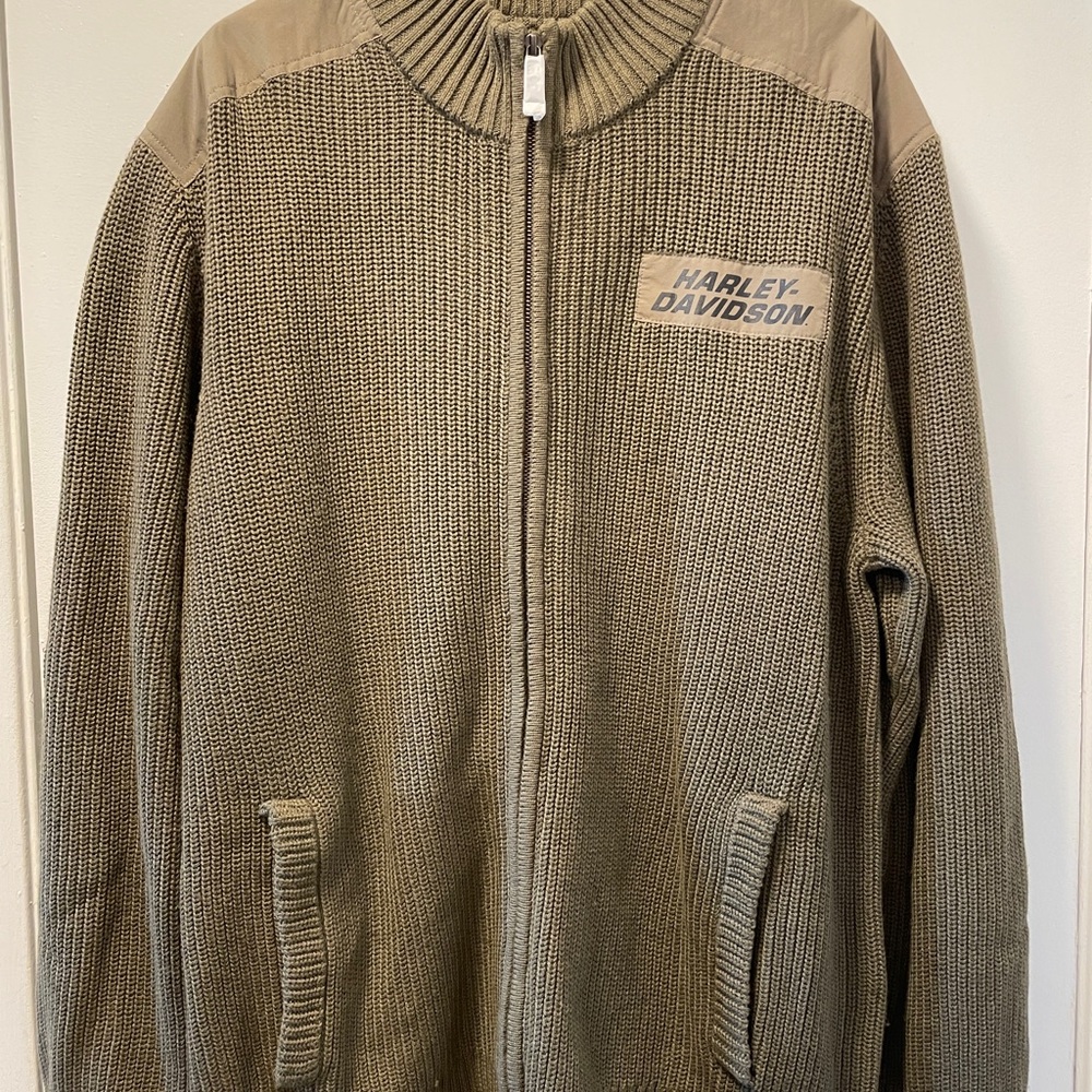 Harley-Davidson Tan Zip Up Sweater with Ribbed Knit Texture